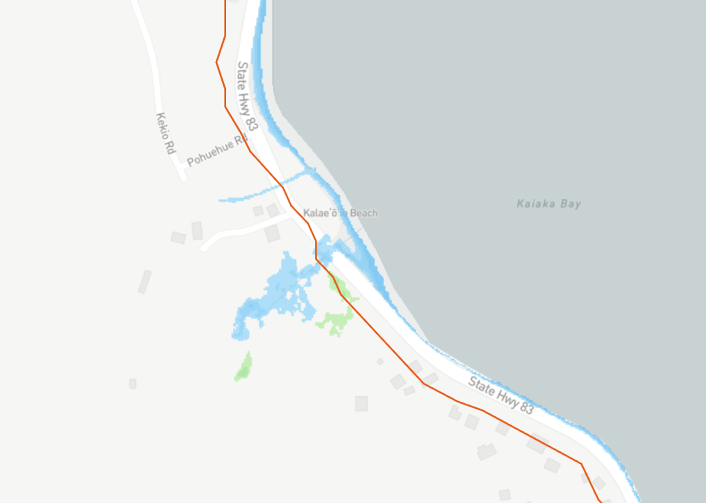 The University of Hawaii Climate Resilience Collaborative's sea level rise viewer shows how passive flooding would cut off Kamehameha Highway as a result of 3 feet of sea level rise. (UH SOEST)